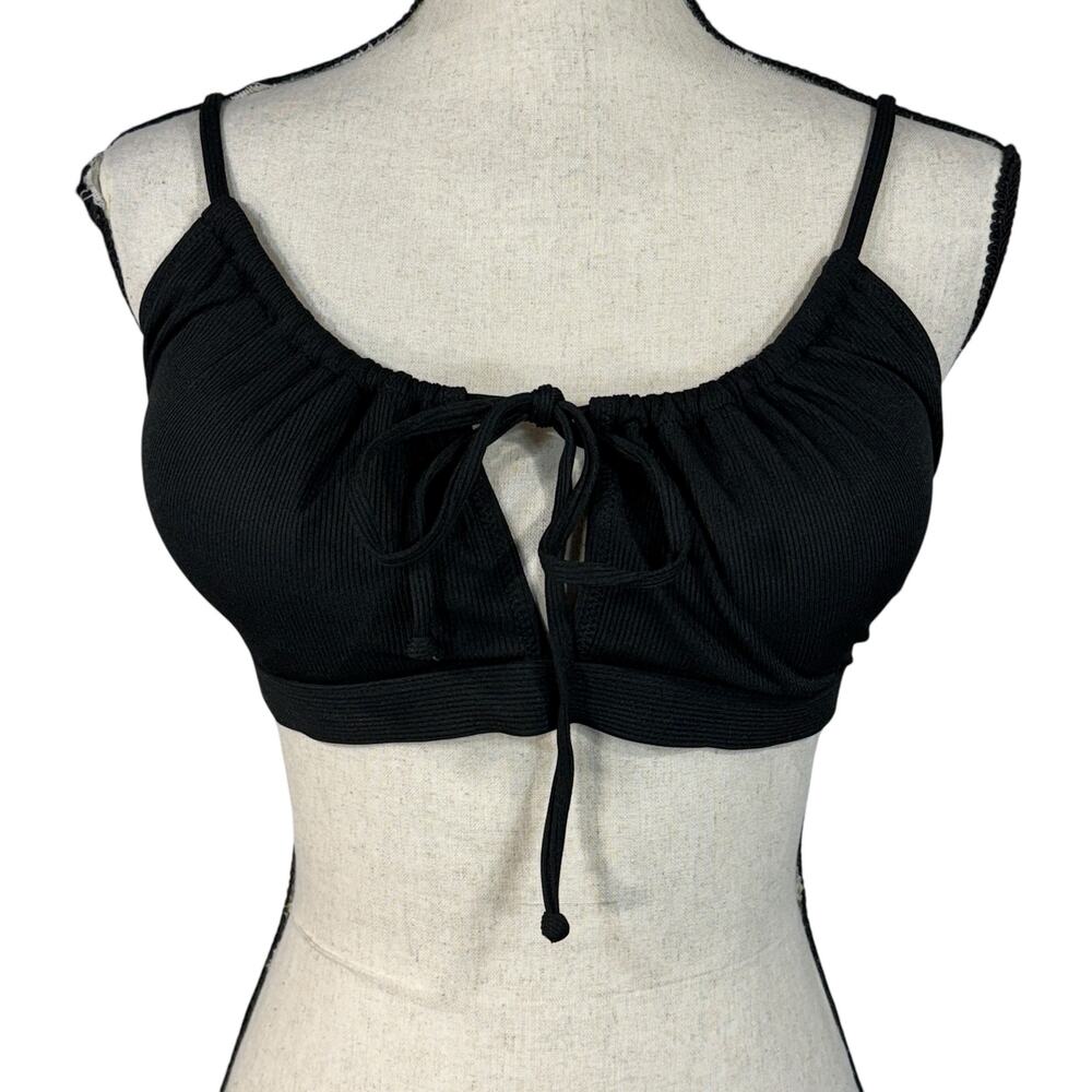 Blooming Jelly Large Bikini Swim Top Ribbed Keyhole Spaghetti Strap Padded Black